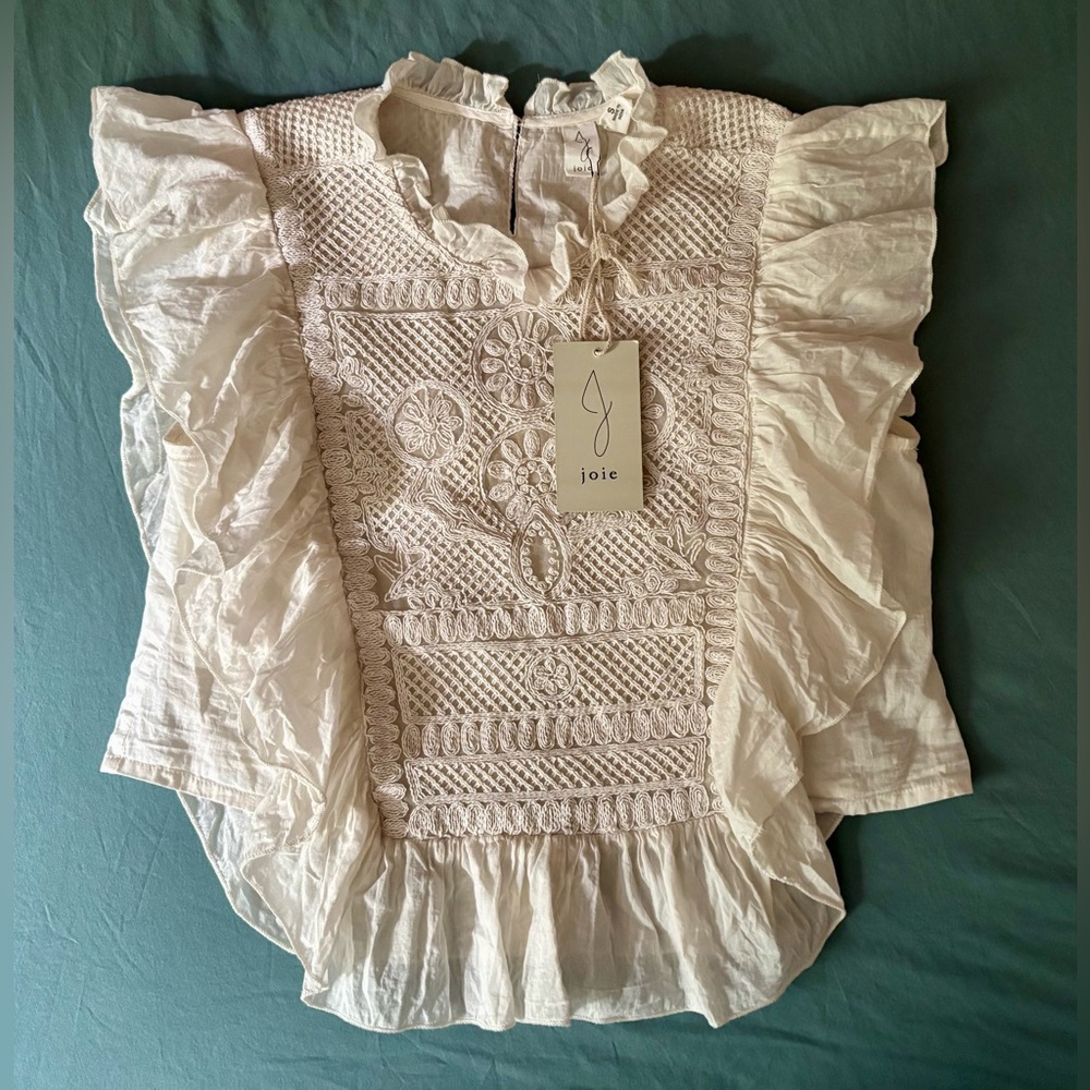 NWT Joie Ivory Boho Embroidered Ruffle Blouse size small